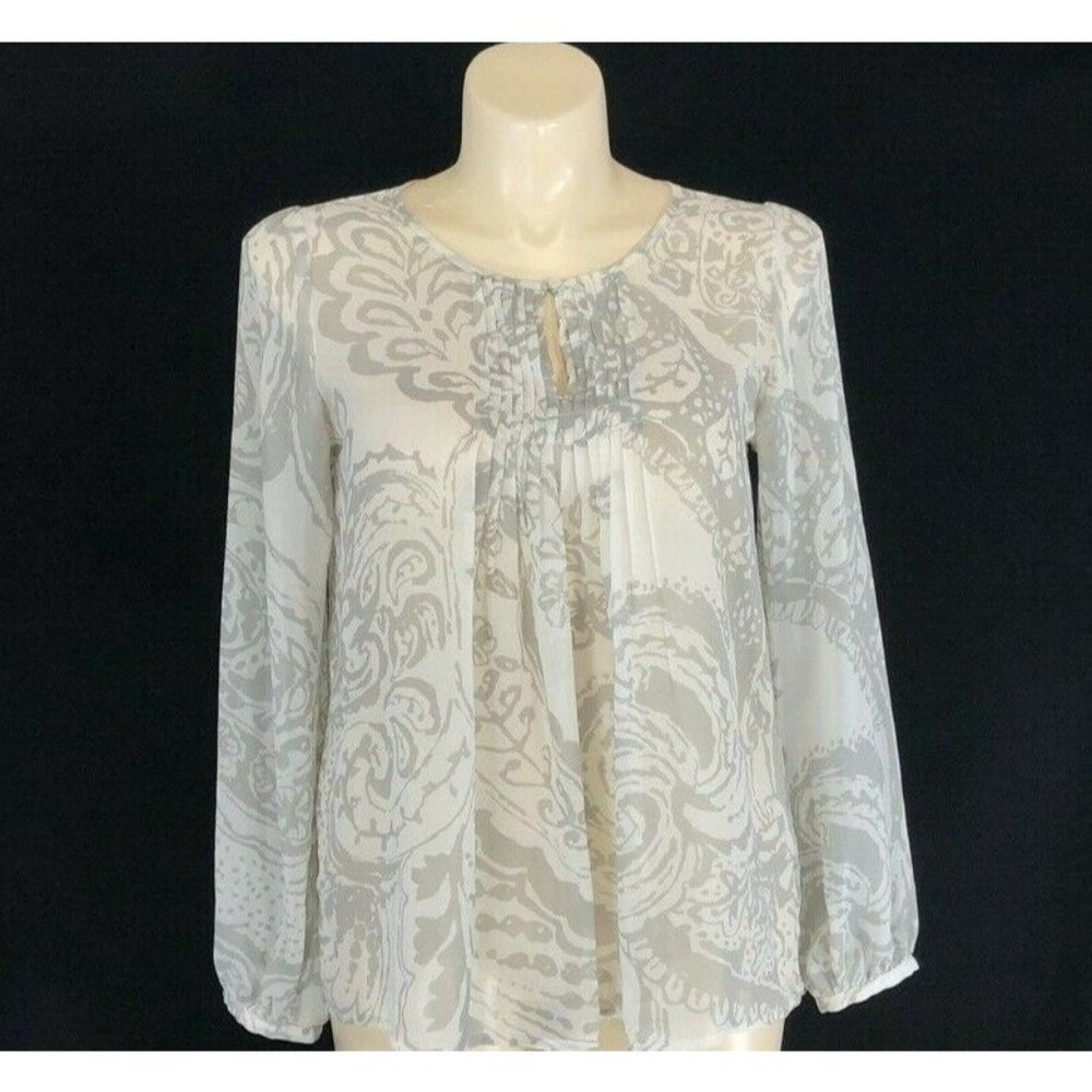 Cabi M Top Blouse Ivory Gray‎ Chiffon Keyhole Tux Pleat Long Sl Peasant Washable